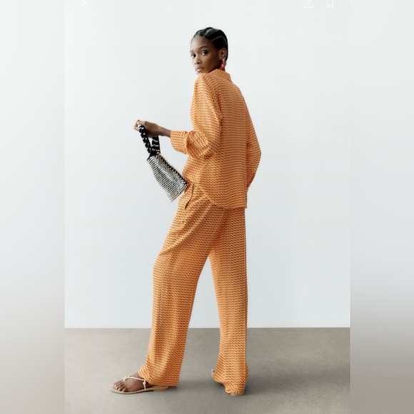 ZARA SET Trousers Geometric Printed Orange π - Picture 4 of 7